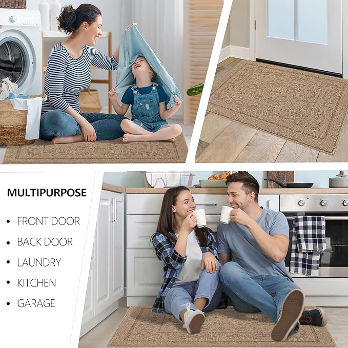 FONEYI Indoor Door Mat, Front Back Door Mat 36" x 59" Non-Slip Rubber Backing Door Rug, Machine Washable Entry Rug, Low Profile Absorbent Dirt Trapper Doormat Inside Floor Mats for Entryway, Beige