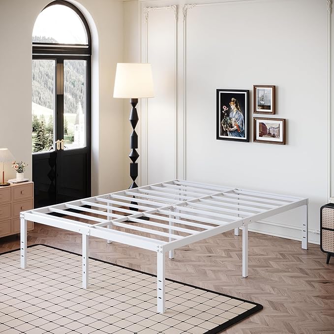 18 Inch Queen Bed Frame Heavy Duty Metal Platform No Box Spring Needed, Maximum Storage, Easy Assembly, Noise Free, White