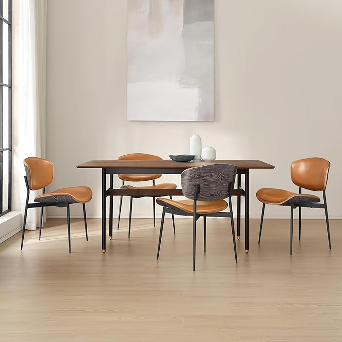 Art Leon Faux Leather Dining Chairs, Set of 2, Mid Century Modern Desk Chair No Wheels, Armless Accent Chair with Black Metal Legs, Brown/Gray Oak