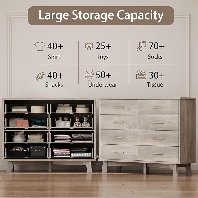 Dresser for Bedroom, 8 Drawer Wide Modern Chest of Drawers with X-Shaped Sturdy Base, Wood Double Dresser Closet Clothes Storage Organizer, Wooden TV Stand for Living Room, Hallway, Grey