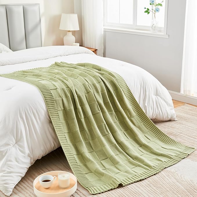 CozeCube Check Knit Throw Blanket, Sage Green Checkered Throw for Couch, Decorative Christmas Soft Cozy Warm Knitted Blanket for Bed Sofa Living Room, 50"X60"