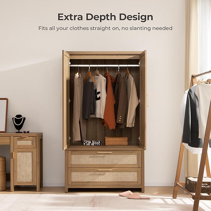 SICOTAS Larger Armoire Wardrobe Closet, 71" Tall Rattan Freestanding Wardrobe Closet Cabinet with Storage and 2 Drawers, Boho Armoire Clothes Organizer with Hanging Rod for Bedroom, Oak (2 Pieces)