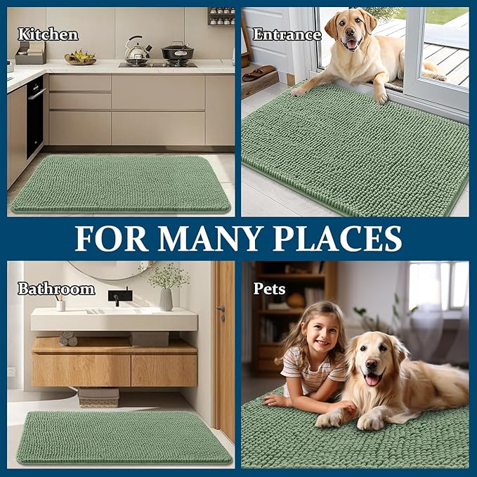OLANLY Dog Door Mat for Muddy Paws 54x24, Absorbs Moisture and Dirt, Absorbent Non-Slip Washable Doormat, Quick Dry Chenille Mud Mat, Entry Indoor Entryway Carpet for Inside Floor, Olive Green