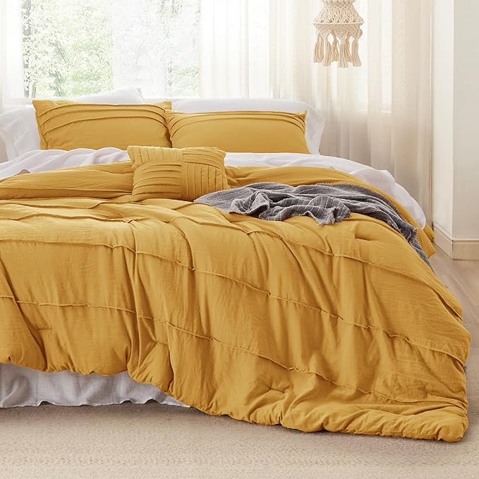 Bedsure California King Comforter Set - 4 Pieces Pinch Pleat Bed Set, Mustard Yellow Boho Bedding for All Season, 1 Soft Comforter, 2 Pillowcases, 1 Decorative Pillow