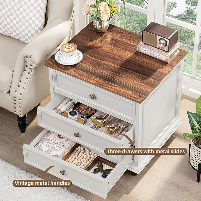 24" Wide Farmhouse Night Stand,Large End Table with 3 Drawers & Metal Handle,Wood Dresser for Bedroom, White Bed Side Table Chest of Drawers Cabinet,Nightstand for Living Room,Closet