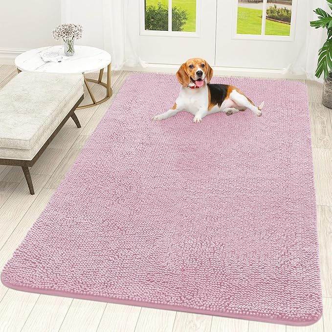 OLANLY Dog Door Mat for Muddy Paws 70x46, Absorbs Moisture and Dirt, Absorbent Non-Slip Washable Doormat, Quick Dry Chenille Mud Mat for Dogs, Entry Indoor Entryway Carpet for Inside Floor, Dusty Rose