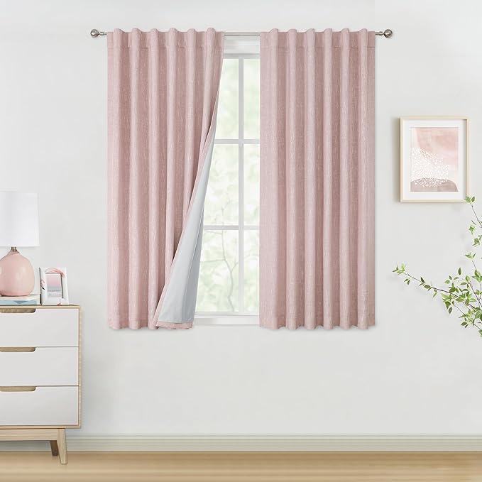 Vision Home Pink Full Blackout Curtains 63 inch for Girls Bedroom Thermal Insulated Room Darkening Window Treatment Set Rod Pocket Back Tab Modern Soundproof Pink Drapes 2 Panels 50" Wx63 L