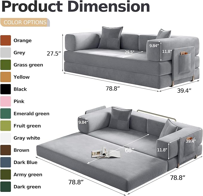 78.8" Convertible Futon Sofa Bed,Corduroy Futon Couch with Storage Pocket,Folding Pull Out Sofa,No Assembly Boneless Couch for Living Room,Grey