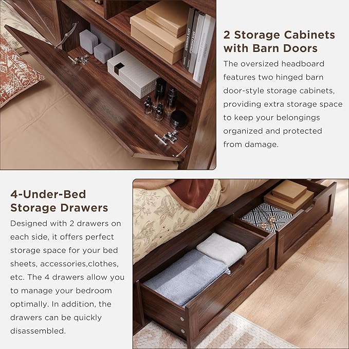 ACCOHOHO Farmhouse King Size Bed Frame with 52" Tall Storage Headboard and LED Light,Wood Platform Bed Frame with 4 Drawers and Charging Station,Solid Wood Slats Support,No Box Spring Needed,Brown