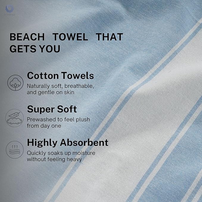 Cotton Turkish Beach Towel Towels Oversized 36"x72" Pool Absorbent Extra Large Quick Dry Sand Travel Towel (Sky Blue, 2 Pack)