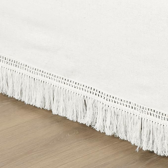 Lush Decor Boho Fringe 15-Inch Tailored Drop Easy Fit Bedskirt, King, Pure White