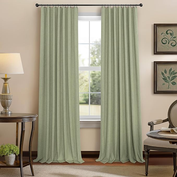 Light Sage Green Back Tab Blackout Curtains for Boys Room Girls 72 Inch Length 2 Panel Cotton Linen Look Window Treatments Thick Soundproof Curtains for Doors Living Room Darkening Drapes Cottagecore