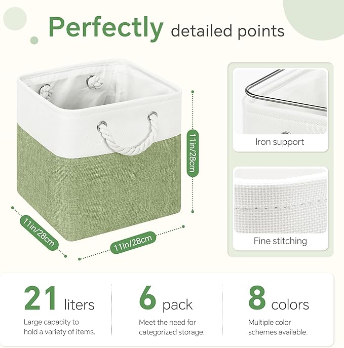 Fabric Cubes Storage Basket, 6 Pack 11x11 in with Handles Cube Storage Bins, for Shelves, Home, Office Organizers (White/ Green)