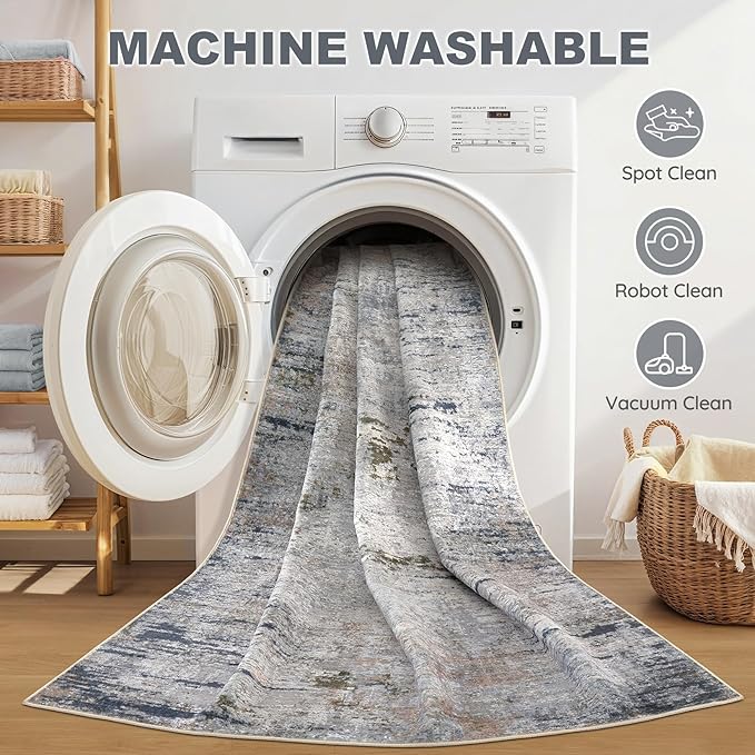 Area Rug Living Room Rugs - 5x7 Washable Large Soft Indoor Neutral Modern Abstract Low Pile Rug Carpet for Bedroom Dining Room Farmhouse Home Office - Blue/Grey/Brown
