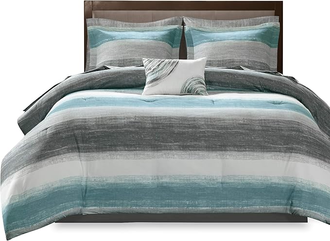 Madison Park Essentials Full Comforter Set, Bed in a Bag Full, Watercolor Print Coastal Comforter & Chambray Cotton Sheet Set, All Season Bedding Set, Saben, Aqua Full (78 in x 86 in) 9 Piece