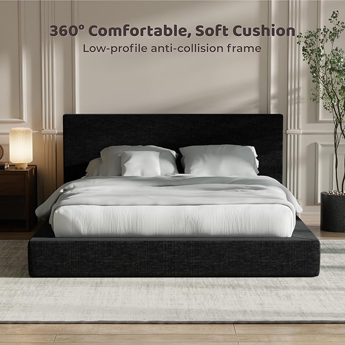 RECCI Cloud Upholstered King Bed Frame with Headboard, 5 Inch Foam Padded Platform, No Box Spring, Easy Assembly (Onyx Black)