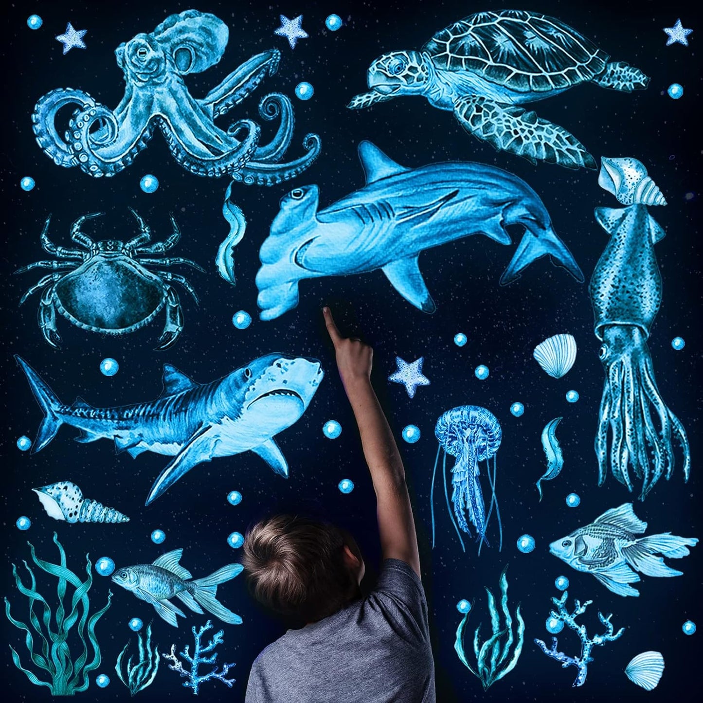 Sabary 4 Pieces Glow in The Dark Ocean Wall Decals Under The Sea Wall Decals Fish Stickers PVC Sea Animals Stickers for Room Living Room Nursery Bathroom Decoration
