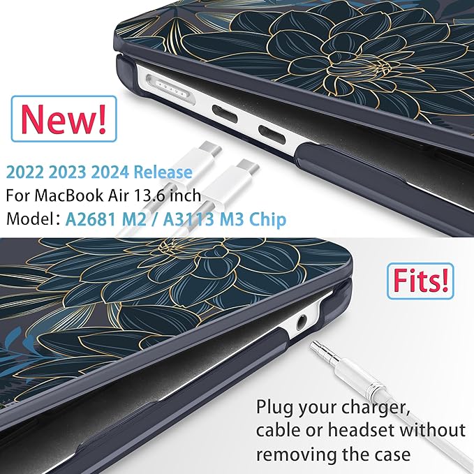 Mektron for 2025 M4 MacBook Air 13.6 Inch A3240 Case Fits 2023 A2681 M2 2024 A3113 M3 Chip with Liquid Retina Display, Printed Plastic Hard Shell Cover for MacBook Air 13.6", Dahlia Flower C035