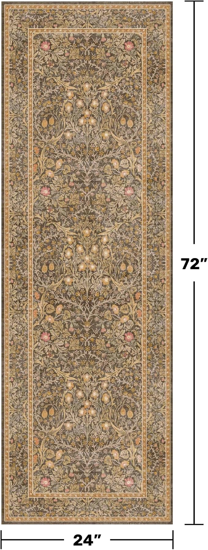 Gold Brown 2x6 Bathroom Runners Non Slip Washable, Low-Pile Runner Rugs for Kitchen, Entryway, Hallway, Laundry Room, Bedroom Bedside, Vintage Floral Stain Resistant Soft Carpet