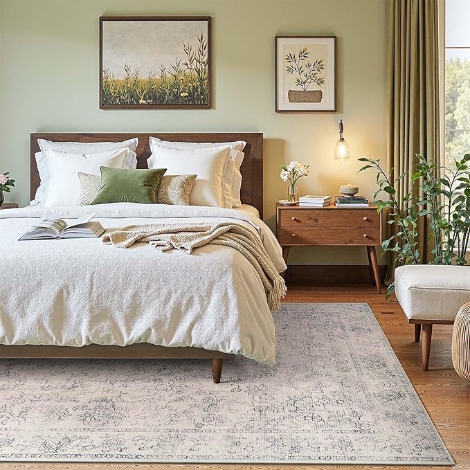 jinchan 8x10 Machine Washable Area Rugs for Living Room – Vintage Floral Soft Stain Resistant Low Pile Rug, Non Slip Ultra-Thin Carpet for Bedroom, Dining Room, Home Office, Nursery (8'x10', Ivory)