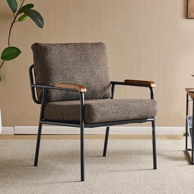 VINGLI Mid-Century Modern Accent Armchiar for Small Space, Small Comfy Upholstered Leisure Reading Chair with Wood Armrest for Bedroom, Living Room, Waiting Room, Linen Expresso