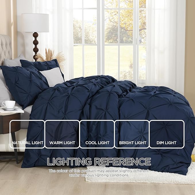 Litanika Navy Blue Pinch Pleat Duvet Cover Queen, 3 Pieces Pintuck Cover Soft Microfiber Bedding Set with Zipper Closure & Corner Ties(90x90Inch-1 Duvet Cover, 2 Pillowcases)