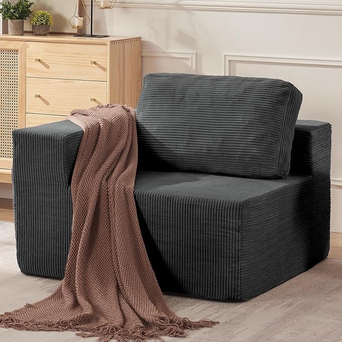 40" Modular Upholstered Foam Couch, Upholstered Floor Sofa Couch with Pillow, Single Sofa for Bedroom Living Room, No Assembly Required (Corduroy Fabric, Grey)