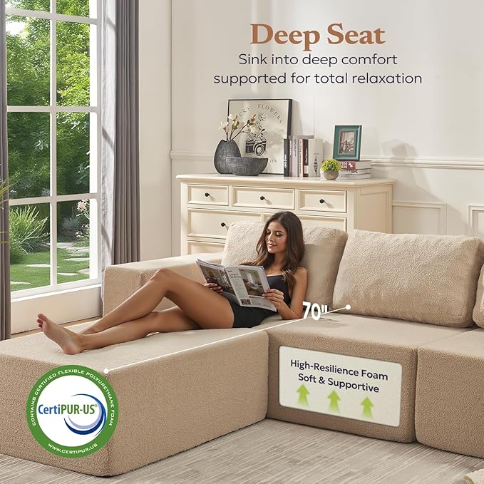 Loveseat Sofa, Cloud Modular Sofa Couch, Upholstered Floor Sofa with Deep Seat, Upholstered Foam Couch for Bedroom Living Room, No Assembly Required (Teddy Boucle, Camel)