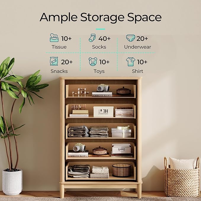 LINSY Rattan 5 Drawer Dresser for Bedroom, 46" Tall Mid-Century Modern Chest of Drawers, Deep Storage Dresser with Curved Corner Design, Large Accent Wood Cabinet for Bedroom, Oak
