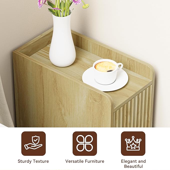 Narrow Nightstand Set of 2, Wood 2 Drawer Narrow Nightstand, Skinny Night Stand with Open Storage, Mid Century Modern Slim Bedside Table for Bedroom, Natural Oak