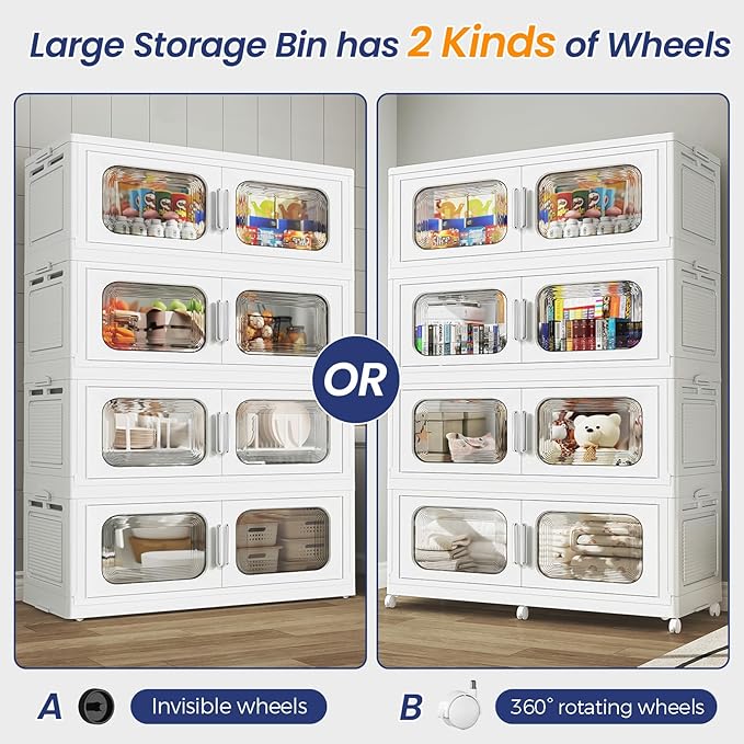 200 Gallon Extra Large Storage Bin with Lid and Wheels, Stackable Collapsible Plastic Storage Box with Door, Foldable Organizer for Closet, Kitchen, Office, Living Room, 4 Pack White