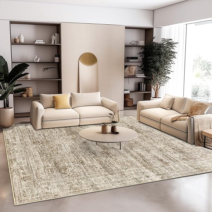 12x15 Washable Area Rug Brown Neutral Abstract Living Room Large Carpet Non Slip Bedroom Indoor Office Dining Room Low Pile Thin Rug