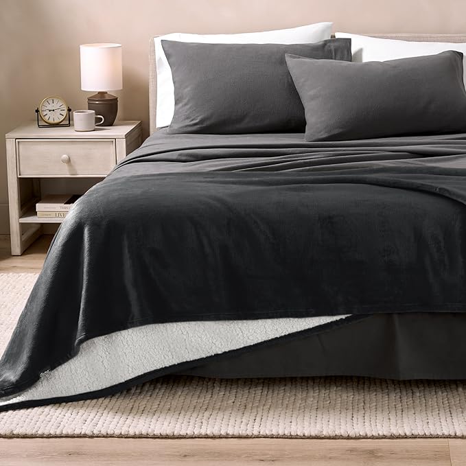 Bare Home Sherpa Fleece Blanket - King Size - Blanket for Bed, Sofa, and Couch - Warm & Lightweight - Fluffy & Soft - Reversible (King, Black)