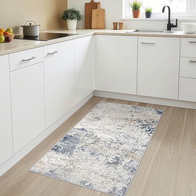 Washable Area Rug: 3x5 ft Abstract Small Rugs for Entryway Kitchen Living Room Bedroom - Non Slip Modern Neutral Carpet Indoor Front Door - Beige Blue