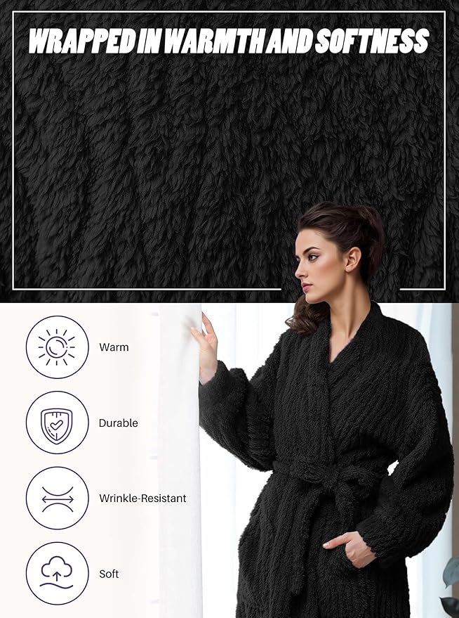 Artfasion Womens Long Fleece Robe - Warm Soft Floor Length Flannel Bathrobes for Winter Thicker Long House Coat with Pockets