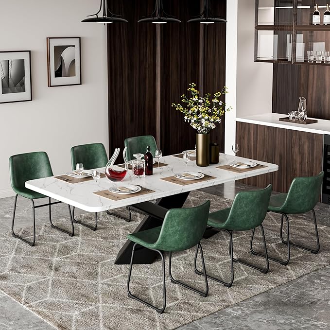 Dining Chairs Set of 2, 18 Inch Modern Armless Dining Chair with Back, Faux Leather Kitchen Dining Room Chair with Metal Legs for Home, Bistro Coffee Shops (Green)
