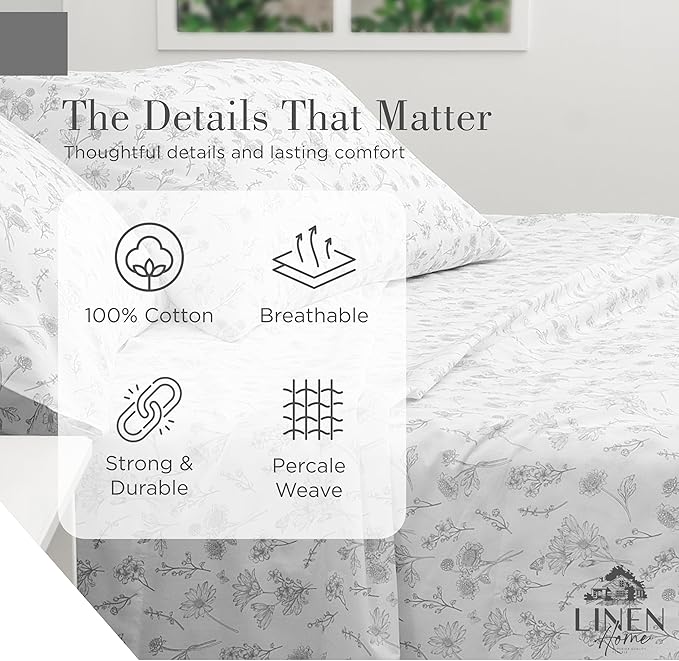 Linen Home 100% Cotton Printed Percale Sheets California King Size, Deep Pocket, 4 Pieces Set - 1 Flat, 1 Deep Pocket Fitted Sheet and 2 Pillowcases, Crisp Cool Bed Linen, Grey Botanical Floral