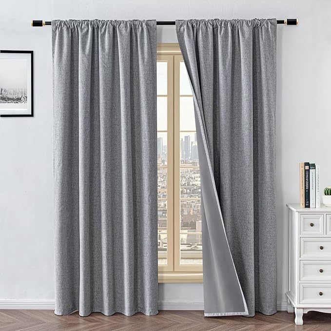 100% Blackout Curtains for Living Room, 90 Inch Curtains 2 Panel Set Light Blocking, Back Tab & Rod Pocket Thermal Insulated Drapes Bedroom Windows Home Decor(52W × 90L inch, Light Grey)