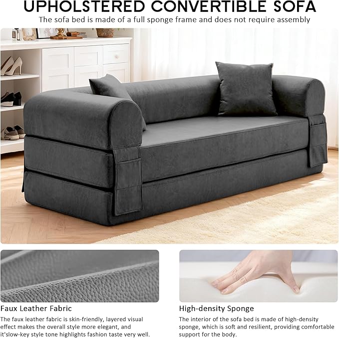 78.5" Convertible Sleeper Sofa Bed, Faux Leather Deep Seat Folding Floor Sofa with Pullout Bed & 2 Pillows, No Assembly Modern Boneless Couch Compression Sofa in Box for Living Room, Office, Gray
