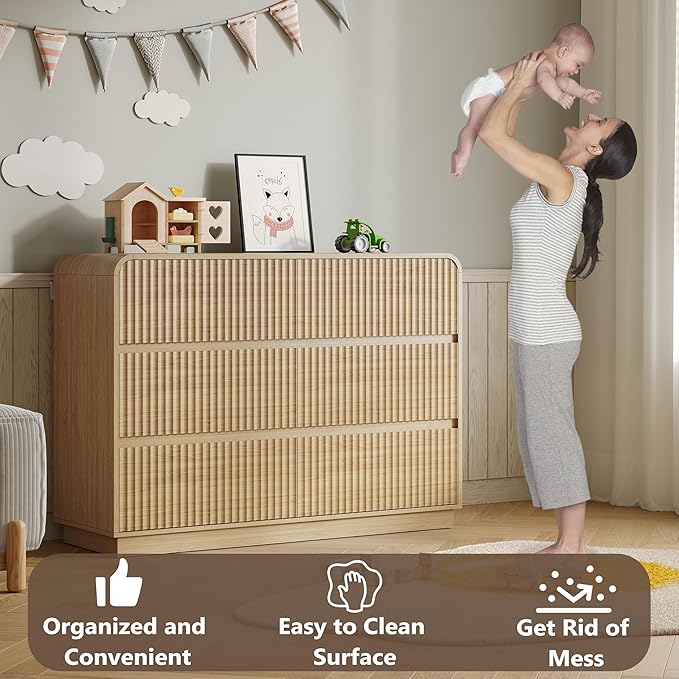 Dresser for Bedroom with 6 Drawers, Fluted Chest of Drawers with Round Curved Corner, Hidden Handles, Modern Wood Storage Organizer for Bedroom, Nursery, Living Room