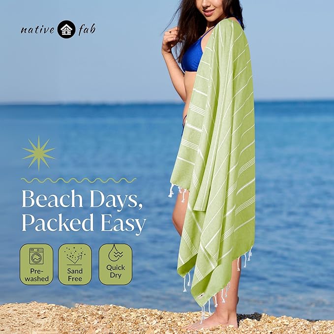 Native Fab 4 Pack Turkish Cotton Beach Towels, Oversized, Soft, Sand Free, Absorbent, Quick Dry, Lightweight for Bath, Pool, Travel, Spa - Rose Pink, Sky Blue, Lavender, Lemon Green