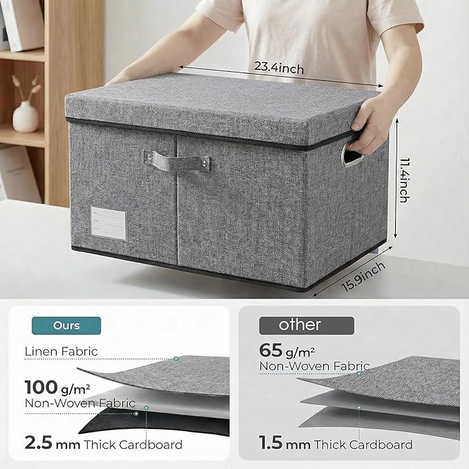 PRANDOM Storage Bins with Lids [3-Pack] Linen Fabric Foldable Storage Boxes Organizer Containers Baskets Cube with Cover Grey(23.4X15.9X11.4)
