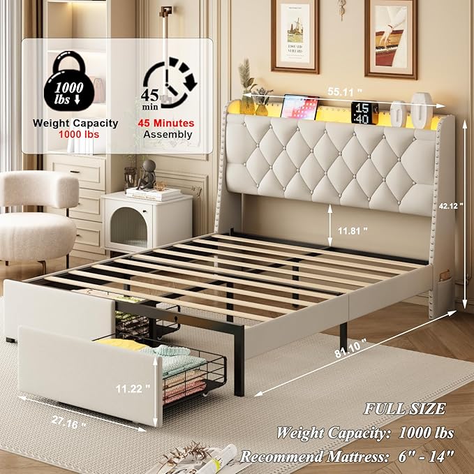 Full Size Bed Frame with Storage Headboard and 2 Drawers, Upholstered Button Tufted Bed Frames Full with Led Lights and Handy Charging Station, No Box Spring Needed, Easy Assembly, Noise Free, Beige
