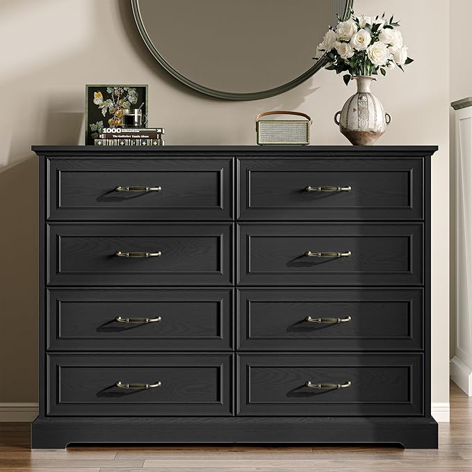 Farmhouse 8 Drawers Dresser for Bedroom, 48" Wide Modern Chest of Drawers with Deep Drawers & Bar Handles, Wood Dresser TV Stand, Wooden Rustic Closet Storage Organizer for Living Room, Hallway, Black