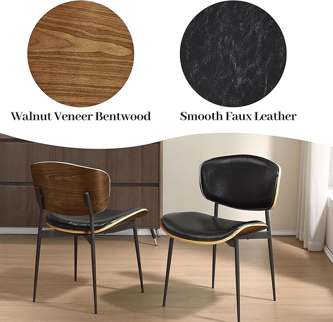 Art Leon Faux Leather Dining Chairs, Set of 2, Mid Century Modern Desk Chair No Wheels, Armless Accent Chair with Black Metal Legs, Black/Walnut