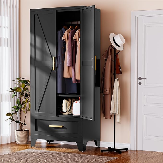 Metal Armoire Wardrobe Closet,71" Tall Black Storage Cabinet with Hanging Rod,2 Drawers & Adjustable Shelves,Heavy-Duty Steel Wardrobe for Bedroom, Garage, and Office