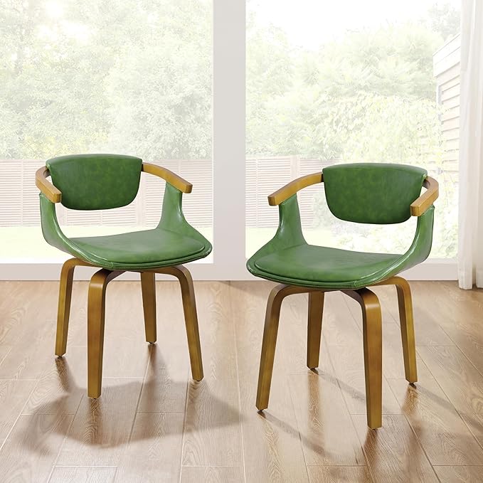 Art Leon Dining Chairs Set of 2 - Mid Century Modern Retro Faux Leather Chair, Small Comfy Upholstered Swivel Desk Chairs No Wheels, Green