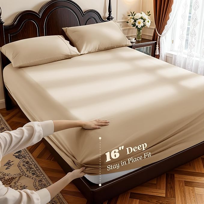 LBRO2M 1000 Thread Count 100% Egyptian Cotton Sheets Set Full Size, 4 Piece Sets Bed Sheet Deep Pocket Sheet Set 16" Soft Comfortable All Season (Full, Cream)