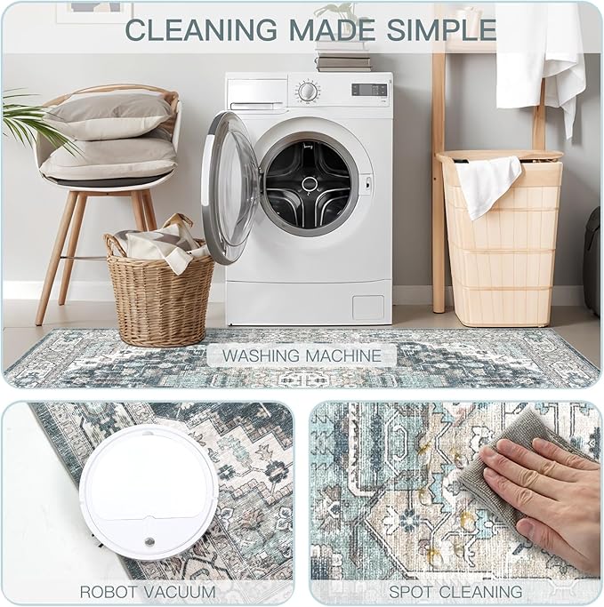 Washable Runner Hallway Rug,Low Pile 2x8 Non Slip Non-Shedding Kitchen Carpet Soft Indoor Stain Resistant Rug for Bedroom Laundry Room Bathroom Blue Beige Multi