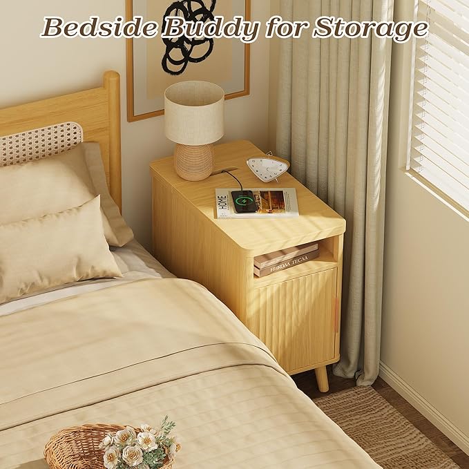 Huuger Narrow End Table with Charging Station, USB-C Port, Fluted Nightstand with Storage Cabinet, Back Rack, Side Table for Small Spaces, 13.4 × 23.6 Inch Night Stand with Storage, Natural
